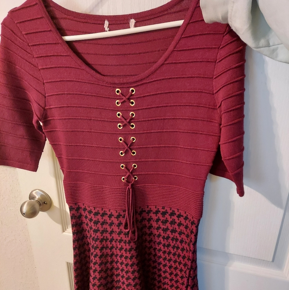 Maroon and black short sleeved sweater dress (thick material).
